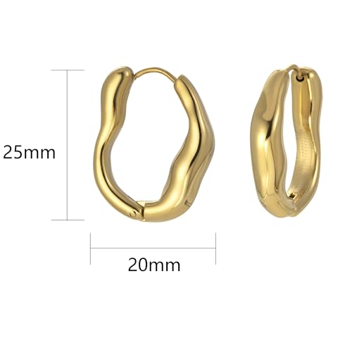 Stainless Steel Hoop Earrings for Women Gold Tone Geometric, Huggie Heart Twisted Minimalist Engraved Designs for Daily Wear - color: Gold-Irregular Round_25*20mm