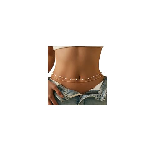 YBO Waist Chain 18K Gold Plated Body Jewelry for Women Adjustable Bikini Belly Belt Sexy Waist Beads Summer Beach - style: Pearl+Beads-G