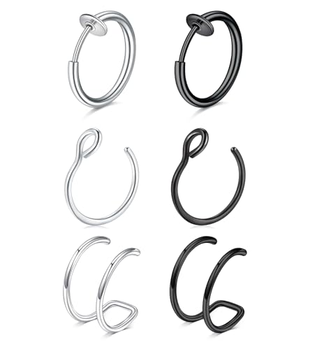 MODRSA Fake Nose Stud Fake Nose Ring Stud Fake Nose Piercing Fake Lip Ring Fake Earrings Stud Silver Gold Fake Cartilage Helix Earring Clip on Earring Hoop Fake Eyebrow Ring Fake Bridge Piercing - color: C2-hoops- silver black