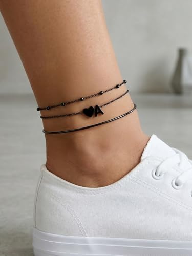 Silvora Ankle Bracelets for Women Waterproof 14K Gold/Silver/Black Initial Anklet for Women Dainty Layered Heart Ankle Bracelets Stainless Steel Adjustable Foot Chain Anklet Summer Beach Jewelry - color: A-Black