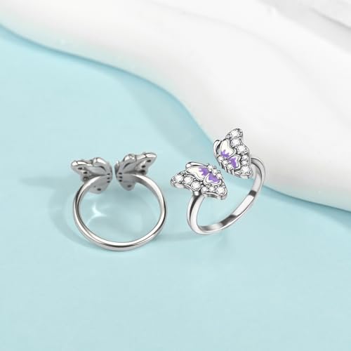 PARCOM Adjustable Women Stackable Ring, 925 Sterling Silver Open Rings - Trendy Eternity Cubic Zirconia Stackable Band Engagement Promise Ring for Her, Hypoallergenic Non Tarnish Nature Bird Floral Thumb Rings - color: Gradient Butterfly