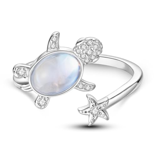 PARCOM Adjustable Women Stackable Ring, 925 Sterling Silver Open Rings - Trendy Eternity Cubic Zirconia Stackable Band Engagement Promise Ring for Her, Hypoallergenic Non Tarnish Nature Bird Floral Thumb Rings - color: Ocean Guardian Turtle