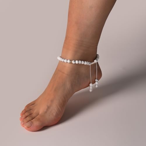 Softones 6mm Natural Stone Anklet for Women Gemstone Ankle Bracelets for Women Healing Energy Crystal Anklets Adjustable(8.5-10 Inches) - color: Howlite