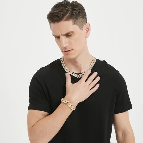 HIPBLING Miami Cuban Link Chain Bracelet Set for Men Rhinestone 2 Pcs Cuban Necklace Bracelet Silver Plated 20mm Iced Out Cuban Chain for Men Women Jewelry Set Gift - style: 20 inch