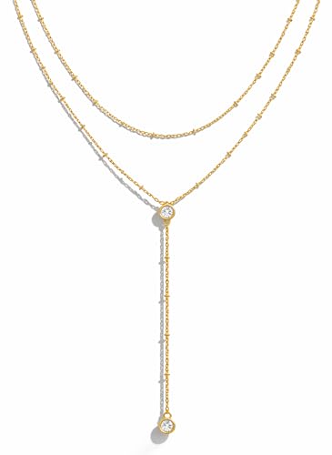 iF YOU Lariat Gold Long Necklaces for Women Trendy, Dainty 14K Gold Plated Drop Chain Necklace, Layered Rosary Beaded Y Necklaces Summer Beach Jewelry Gifts - color: Bead CZ layered necklace-GLD
