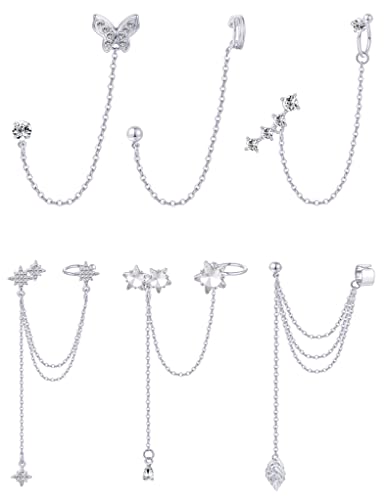 Tornito 6-12Pcs Cuff Earring Chain Leaf Snowflake Star Butterfly with CZ Crawler Climber Earring Studs Drop Dangling Chain Wrap Tassel Earring for Women Men 20G Silver Gold Tone - color: A:Silver Tone