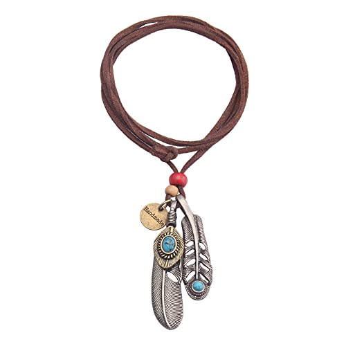 Leather Necklace for Women Long Boho Necklace Bohemian Choker Vintage Necklace Braided Boho Jewelry with Adjustable Brown Leather Cord - color: Feather Leather Necklace