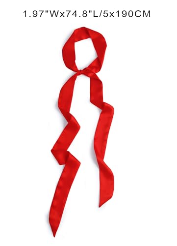 GERINLY Solid Color Long Neckerchief Pure Skinny Scarf Necktie for 50's Costume Party Wedding Cosplay Accessory Headband - color: Y-red