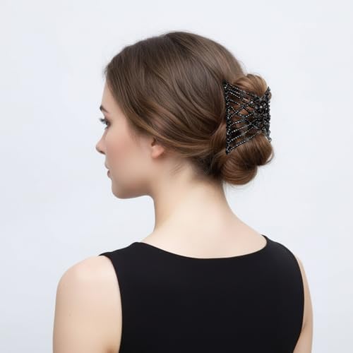 6Pcs Magic Hair Comb Stretchy Hair Clip Adjustable Beaded Hairpins Elastic No Crease Double Pins Vintage Bun Maker Accessories for Women Ladies Curly Thick Wavy Ponytail Christmas
