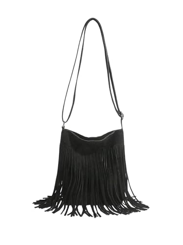 OYOANGLE Women's Fringe Bags Adjustable Strap Tassel Crossbody Bags Hippie Western Purse Cowgirl Shoulder Bag - color: Black