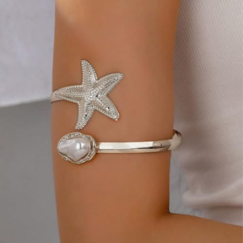 Vivian&CD 14K Gold Plated Starfish Arm Cuff for Women, Adjustable Upper Arm Bracelet Boho Beachy Statement Jewelry Summer Ocean-Themed Armband for Parties & Vacations - style: Peal Silver