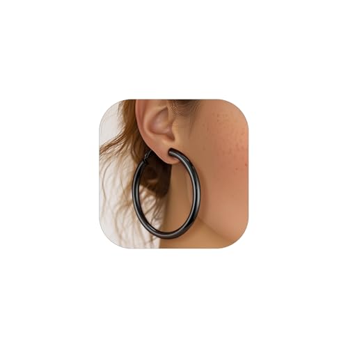 Stainless Steel Chunky Hoop Earrings For Women, Minimalist and Chic, Black/Gold Plated, Round Hoops Earrings Hypoallergenic, Size: 30mm/40mm/60mm/80mm, Come with Box - color: 1. Black, size: 60MM