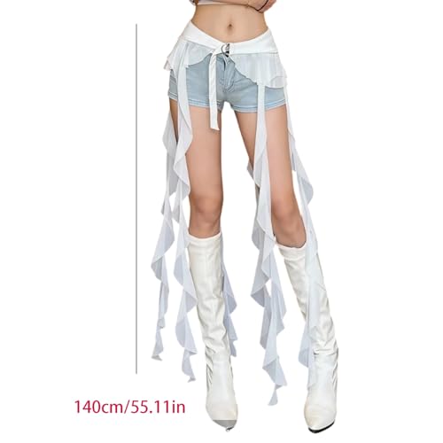 Women Y2K Lace Fringe Hip Scarf Boho Triangle Tassel Waist Cover Up Skirt Wrap Sheer Tie Belt Aesthetic Streetwear - color: C White