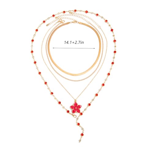 Gold Flower Y Chain Necklace for Women Layered Flower Pendant Choker Long Rhinestone Chain Necklace Party Prom Jewelry - color: Red