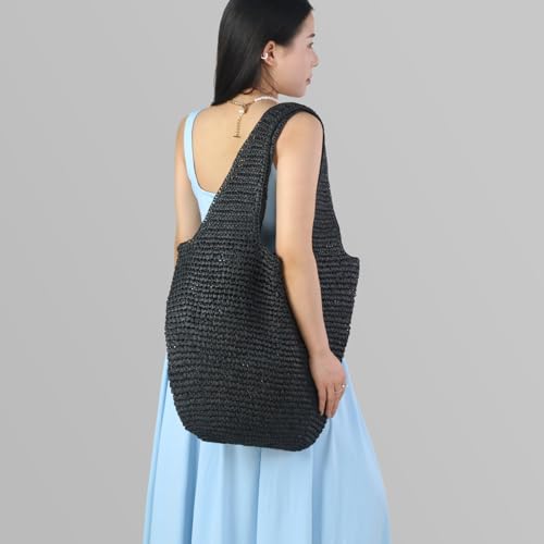 Beach Bags for Women,Summer Soft Large Woven Shoulder Handbags Boho Straw Tote Bags for Travel Vacation 2026 - color: Black
