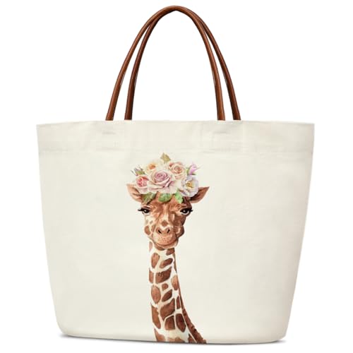 Canvas Tote Bag Aesthetic Tote Bag for Women Teens Reusable Grocery Shopping Bag With Handles Cute Animal Tote Bag - style: Giraffe