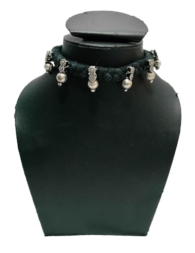 athizay Boho Charm Thread Choker Necklace – Braided Bohemian Choker with Oxidized Silver Dangle Charms | Handmade Boho Jewelry for Women - color: Black, Silver