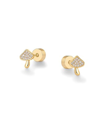 PAVOI 14K Gold Plated Dainty Flat Back Earrings for Women - Hypoallergenic Sterling Silver Posts Helix Cartilage Piercing Jewelry - Emoji Motif Bow Celestial Flatback Gold Stud Earrings Screw Back - style: Mushroom