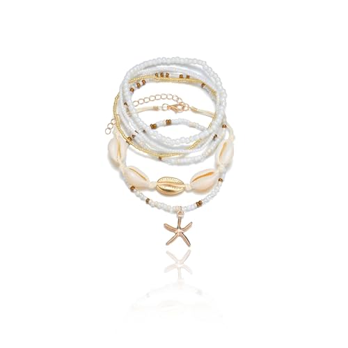 Shell Bracelet,Gold Plated Starfish Ankle Bracelets for Women Waterproof Stack Beaded Anklet Boho Hawaiian Vacation Beach Jewelry Gifts - style: sea shell