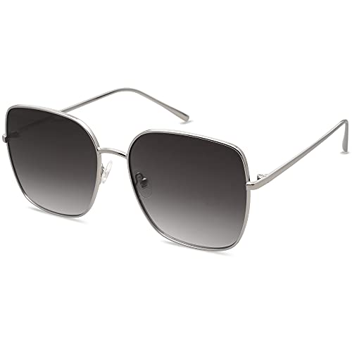 SOJOS Trendy Oversized Square Metal Frame Sunglasses for Women Men Retro Big Flat Lens UV Protection Sunglasses SJ1146 - color: Silver/Gradient Grey