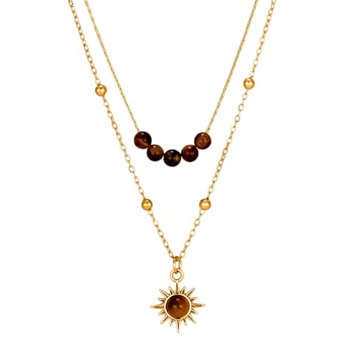 MYANAIL Tigers Eye Stone Sun Pendant Layered Necklaces for Women 14K Gold Maillard Tiger's Eye Beaded Choker Necklace Jewelry Accessory Spiritual Healing Stone Stacked Chain Necklaces - color: Gold