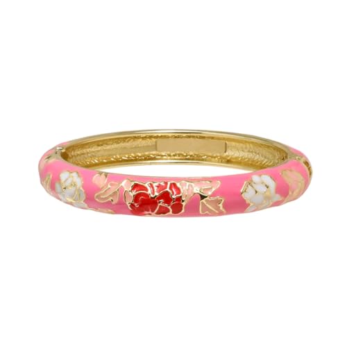 Vintage Flower Cuff Bangles Gold Plated Cloisonne Chinoiserie Peony Floral Elegant Bracelet Gifts For Women - color: rose pink