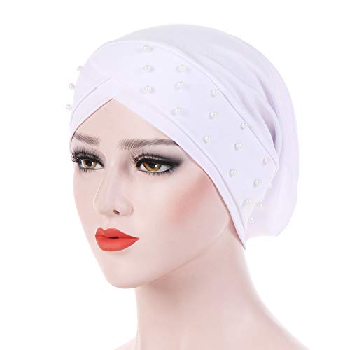 Women Beaded Silky Beanie, Pre-Tied Turban Head Wrap Cap for Chemo Chemical Cancer Hair Loss Cover Hat - color: White