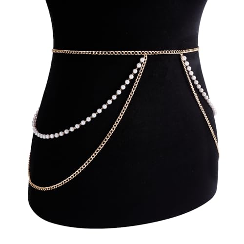 Bohemian Fake Pearl Bikini Body Chain for Women Adjustable Waterproof Belly Waist Jewelry Layered Cubic Zirconia Swimsuits Beach Chains Summer Festival Mermaid Party Accessories - style: Style-E