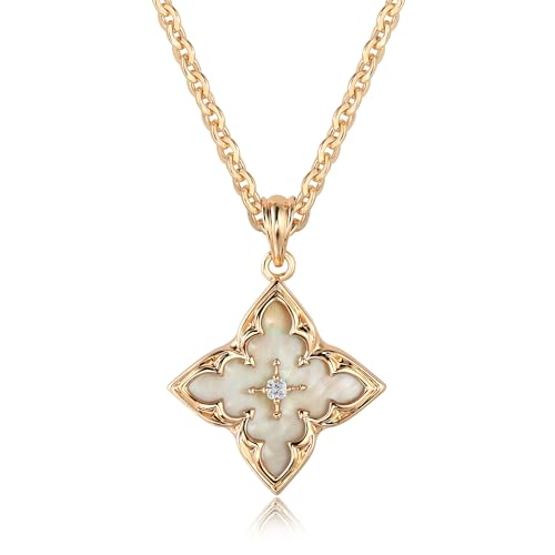 Fettero Gold Clover Necklace for Women Dainty 14K Gold Plated CZ Pendant Necklace Adjustable Chain Choker Charm Colorful Clover Pendant Lucky Necklaces for Women Jewelry - color: White - Mohter of Pearl
