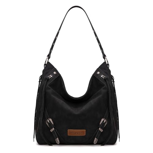 Wrangler Large Hobo Purses and Handbags for Women with Buckle and Fringe Zipper Faux Suede Shoulder Bag - color: Black