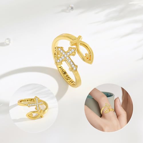 Vito 925 Sterling Silver Adjustable Open Spoon Ring for Women Men, Lotus Sunflower Snake Spoon Band Rings Feather Hug Witches Knot Inspirational Jewelry Gift for Wife - style: Jesus Fish-Golden