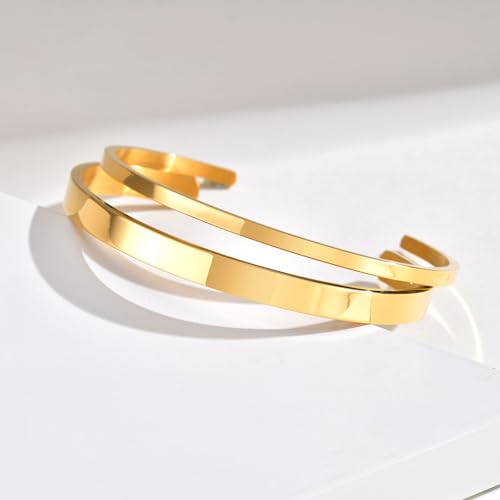 MEALGUET Stainless Steel Mens Cuff Bracelet : Minimal Cool Silver/Black/Gold Plated Open Metal Cuff Bangle Bracelets for Men,Mens Bracelet Jewelry Gift - color: Gold Plated-2-Pack, size: Medium( fit 5.5"-7.2" wrist)
