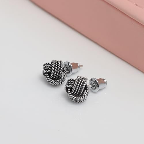LeCalla Sterling Silver Love Knot Stud Earrings - Lightweight Italian Design Twisted Earrings for Women - color: Black Antique Knot