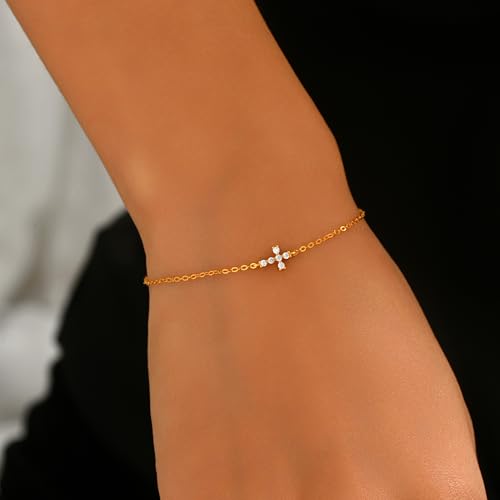 Double Cross Bracelet for Women 925 Sterling Silver Dainty 14K Gold Plated Cubic Zirconia Bracelet Faith Christian Bracelets Adjustable Chain Religious Christian Baptism Jewelry Gifts - color: Gold