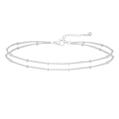 MIDEEO Gold/Silver Ankle Bracelets for Women,14K Gold Anklets for Women Waterproof Cuban Link Heart Beads Herringbone Rhinestone Anklets Set Layered Anklet Bracelets for Women Gold Jewelry Gift - style: 2 Layers Anklet B-SL