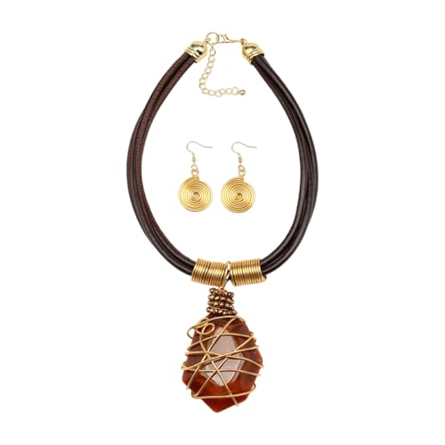 Ethnic Crystal Rhinestone Pendant Necklace Earrings Set Women Handmade Tribal Collar Choker Chunky Metal Bib Rope Chain African Statement Jewelry Set - color: N1505-brown