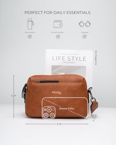 Alldaily Small Triple Zip Crossbody Purse for Women, Vegan Leather Phone Bag with Wide Shoulder Strap - color: Brown