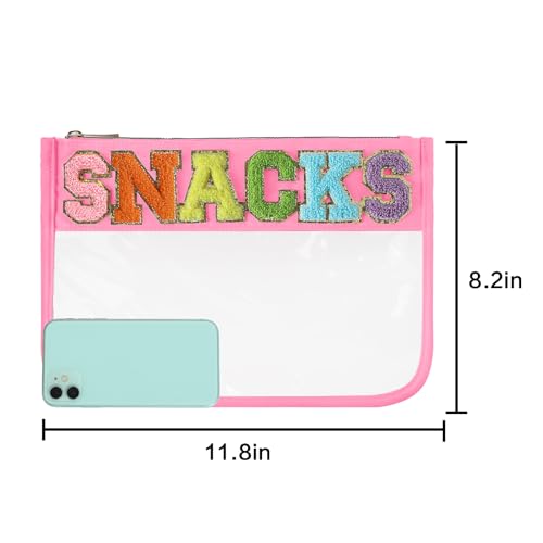 DYSHAYEN Chenille Letter Clear Zipper Pouch for Travel,Nylon Clear Cosmetic Bag,Makeup Travel Bag for Women Girls 11.8 Inches x 8.2 Inches - color: Pink-Snacks