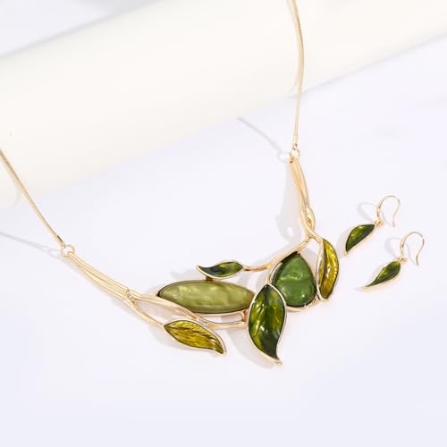 Vintage Chunky Statement Jewelry Set Retro Leaf Floral Geometric Bohemian Boho Bib Necklace Earring Set Fashion Costume Jewelry for Women Girls Wedding Party Prom Unique Gift - style: leaf teardrop oval JS gold green