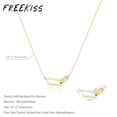 Freekiss Gold Pendant Necklace for Women, Dainty Diamond Necklaces for Women Simple 14K Gold Plated Paperclip Choker Necklaces Cute Minimalist Open Oval Necklaces Gold Jewelry for Women Gifts - color: Gold, style: Interlock Paperclip-gold