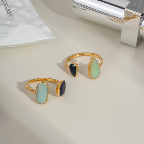 Q&D&S Minimalist Dual Stone Ring, Aquamarine Ring For Women,Bohemian Irregular Trendy Navy ring,Adjustable Vintage Blue Enamel Stacking Rings