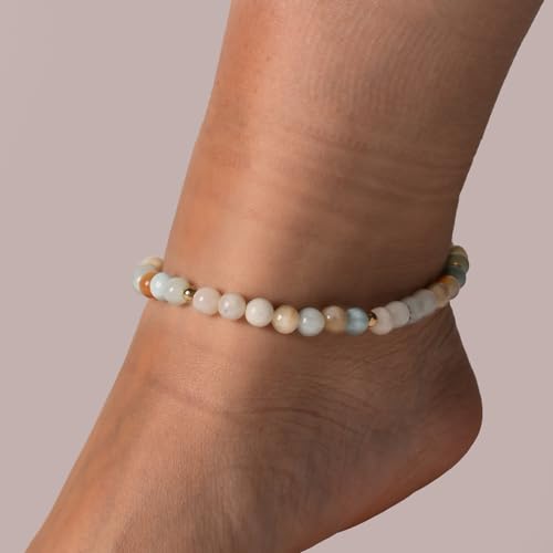 Softones 6mm Natural Stone Anklet for Women Gemstone Ankle Bracelets for Women Healing Energy Crystal Anklets Adjustable(8.5-10 Inches) - color: amazonite