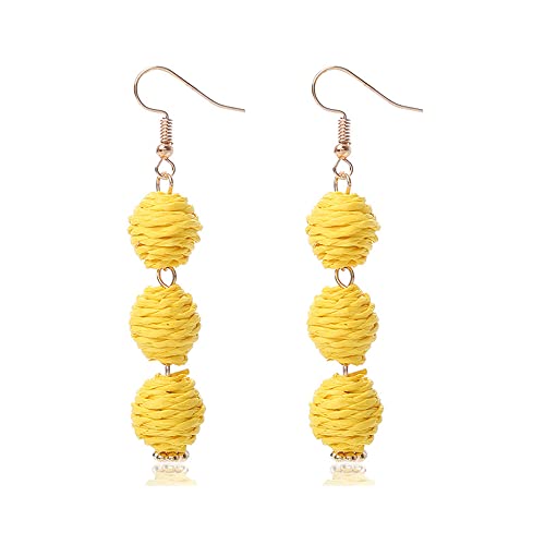 Lightweight Boho Thread Raffia Earrings for Women Handmade Braided Straw Wicker Lantern Ball Earrings Summer Beach Bohemian Geometric Earrings Holiday - color: yellow