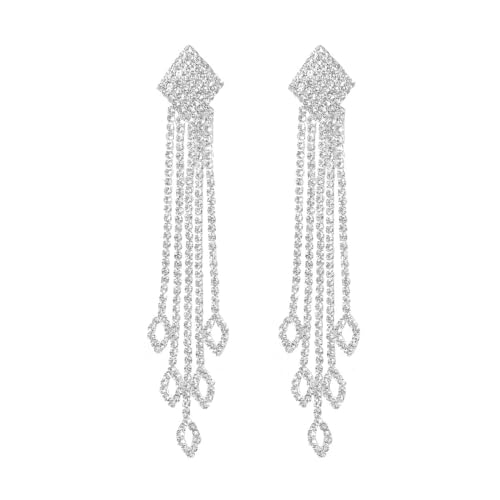 Rhinestone Tassel Earrings Sparkly Long Fringe Crystal Chandelier Dangle Drop Earrings Wedding Party Prom Earrings Premium Iridescent Earrings Wedding Party Jewelry Gifts for Women - color: Silver2