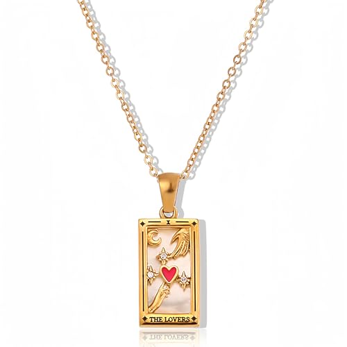 ORIGENCE 18k Gold Plated Tarot Cards Pendant Necklace - Vintage Colorful Charm Necklace Lucky Talisman Hypoallergenic for Women and Men Gift - style: The Lovers