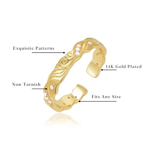 KissYan Adjustable Open Ring for Women, 14K Gold Plated Vintage Statement Leaf Pattern Band Ring with CZ, Dainty Trendy Jewelry Gift - style: Style1