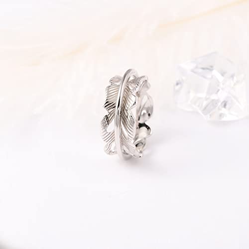 925 Sterling Silver Anxiety Ring with Beads Fidget Spinning Rings for Women Worry Beads Rings - color: feather design
