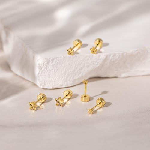 VRIUA 20G Tiny Flat Back Earrings for Women - 14K Gold/Silver Plated Small Flat Back Stud Earrings Hypoallergenic Cartilage Helix Piercing Jewelry - color: 4/5/6mm-Flower Flat Gold