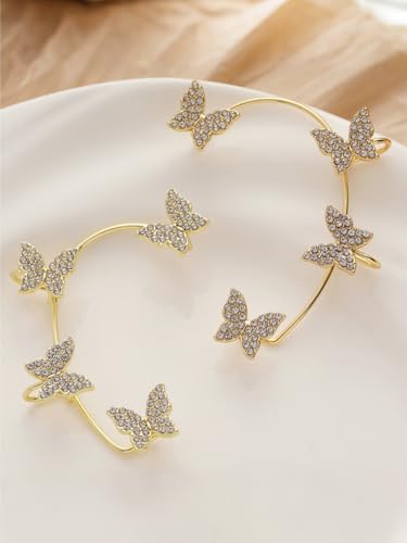 2Pcs Rhinestone Butterfly Earrings Ear Cuffs Non-Pierced Fake Earrings Butterfly Climber Wrap Around Earring Dainty Adjustable Ear Clip Jewelry for Women - color: Style6-gold