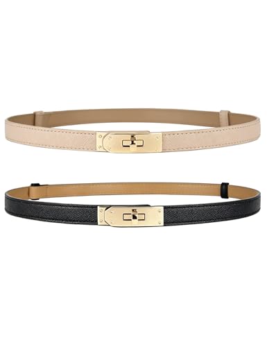 BEMYLV Skinny Belts for Women Dresses Turn-Lock Gold Buckle Adjustable Fashion Waist Belt for Pants Jeans Business Casual - color: Black+light Khaki